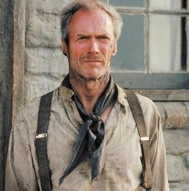 Clint Eastwood w dynamicznej pozie, uosabiający połączenie bohatera westernu i legendarnego reżysera.